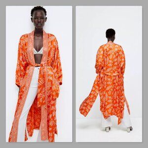 Zara Size Large Orange Leaf Printed Belted Hanoi Kimono